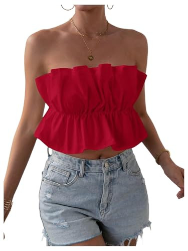 GORGLITTER Women's Strapless Bubble Tube Tops Ruffle Open Back Sleeveless Cute Summer Bandeau Pep... | Amazon (US)