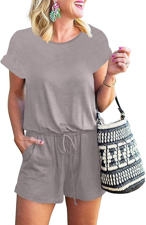 MILLCHIC Women's Summer Casual Short Sleeve Crew Neck Loose Elastic Waist Jumpsuit Rompers with P... | Amazon (US)