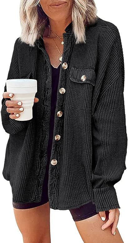 Yanekop Womens Waffle Knit Shacket Boyfriend Shirt Jacket Button Down Blouse Loose Fit Long Sleev... | Amazon (US)