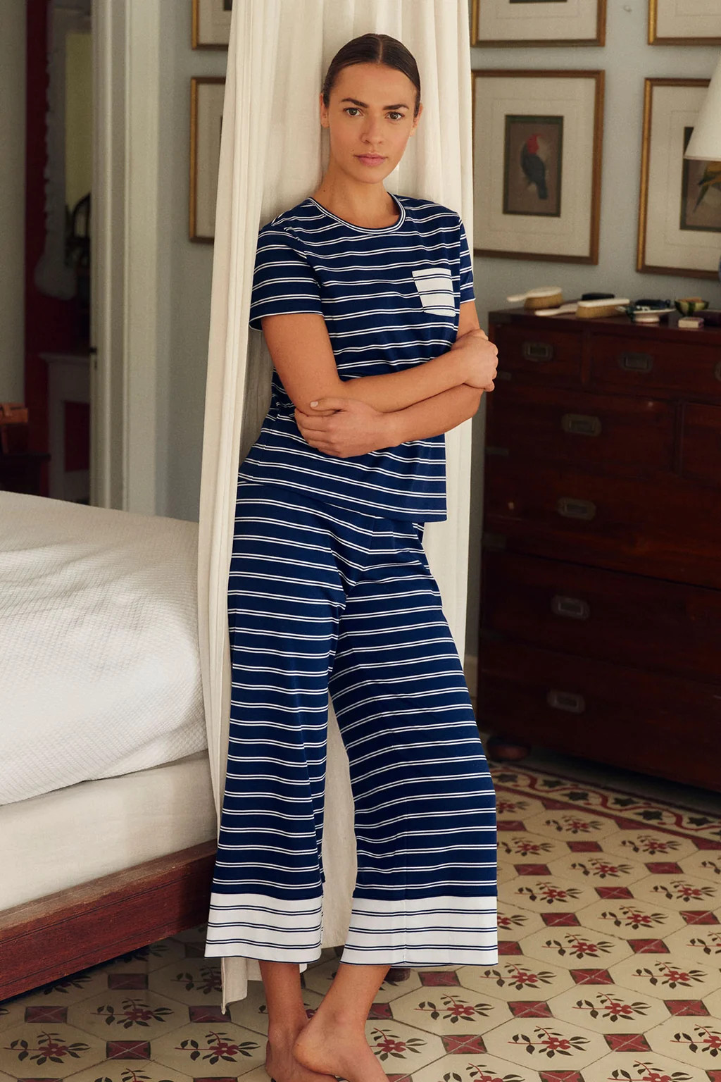 Pima Crew Wide Leg Pajama Set in Rosewater Rowing Stripe | Lake Pajamas