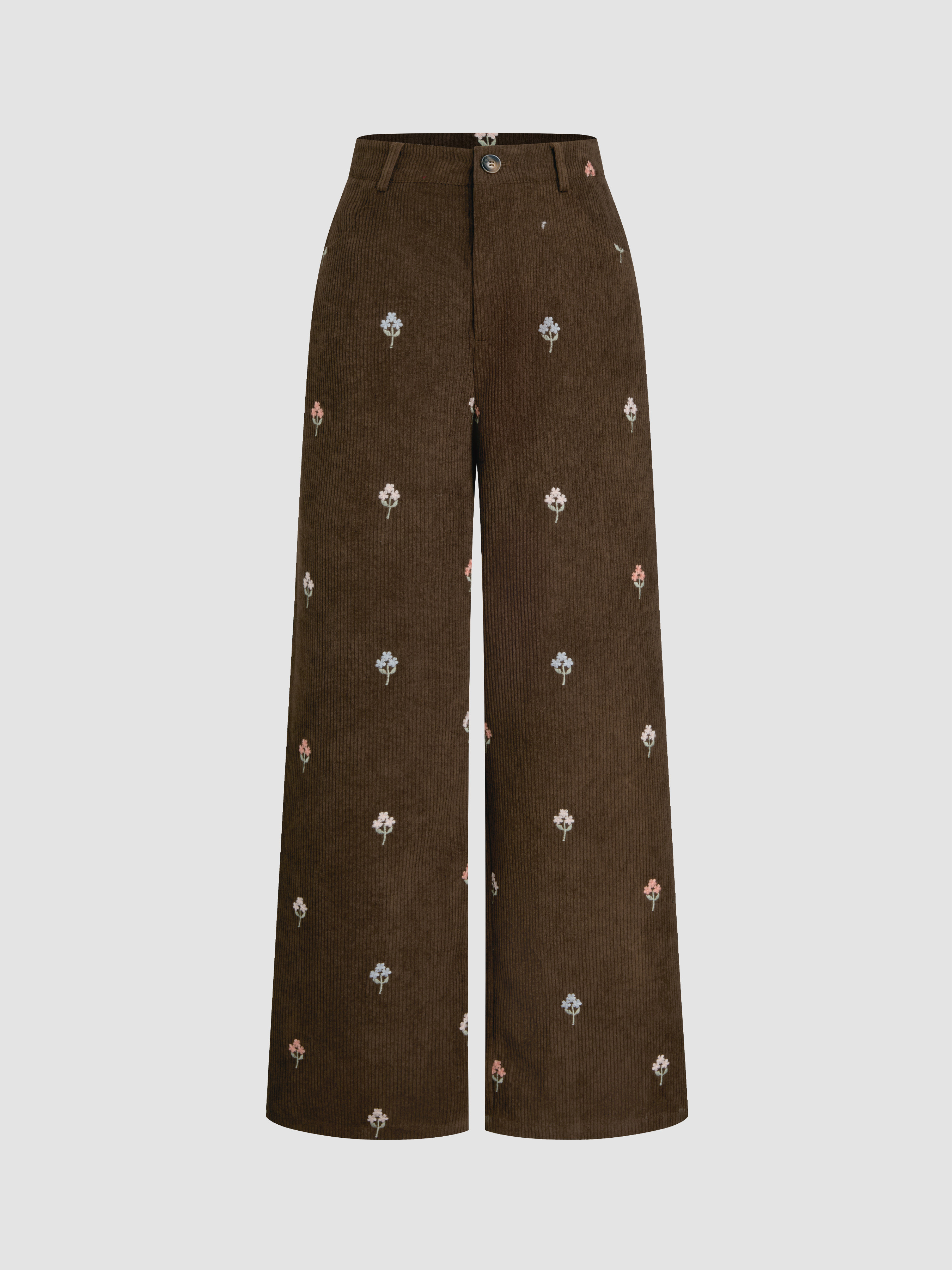 Corduroy Corduroy Mid Rise Floral Embroidery Straight Leg Trousers For Work | Cider