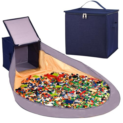 CLYMENE Toy Storage Basket and Play Mat for Kids, Foldable and Stackable Toy Storage Organizer for Building Bricks & Blocks, Toy Box Bin for Boys, Girls, Nursery, Playroom, 13"x13"x13" (Navy Blue) | Amazon (US)