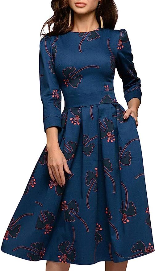 Simple Flavor Women's Floral Evening Flare Vintage Midi Dress 3/4 Sleeve | Amazon (US)