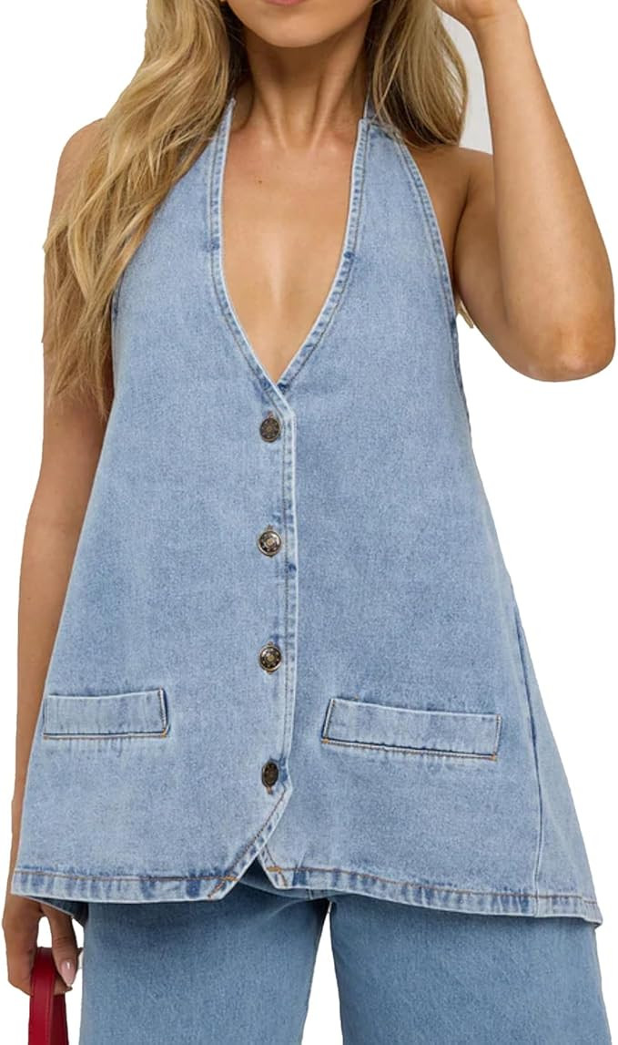 Kedera Women's Tie Up Denim Vest Button Down Backless Denim Tank Top V Neck Sexy Loose Fashion Cr... | Amazon (US)
