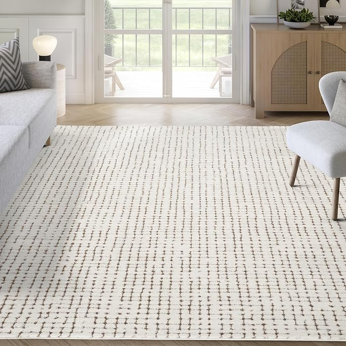 Abani Cream & Brown Area Rug \u2013 9' x 12' \u2013 Oliver Collection \u2013 Textured Checkered P... | Amazon (US)