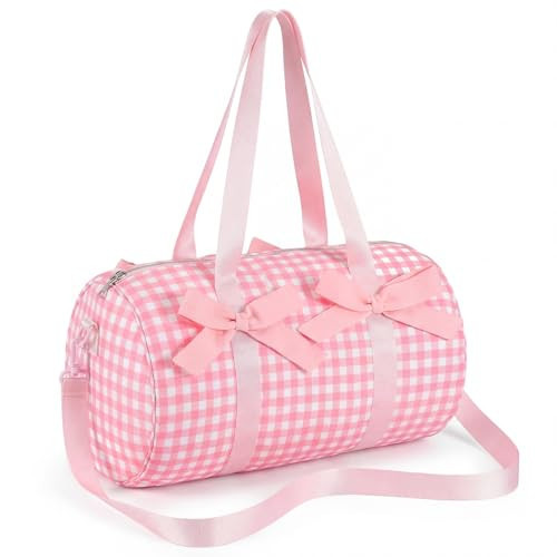 Sunnymove Pink Bows Duffle Bag for Girls Women Gym Sports Ballet Dance Bags Cute Pink Gingham Workout Travel Bag with EVA Lining Adjustable Strap Lightweight for Workout Travel Weekend Trip Sleepover | Amazon (US)