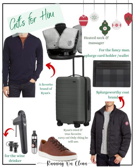 Gifts for him!! 

Quarter zip sweater 
Heated neck massager 
Wallet
Carry on luggage 
Wine preservation system 
Men’s shoes 
Puffer coat 

Affiliate links 

#LTKmens #LTKHoliday #LTKGiftGuide