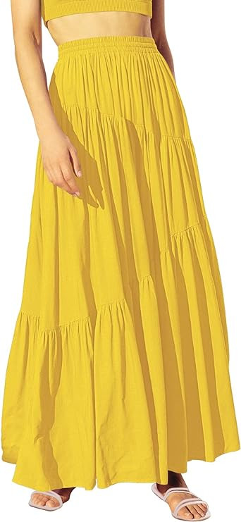 ANRABESS Women’s Boho Elastic High Waist Pleated A-Line Flowy Swing Asymmetric Tiered Maxi Long... | Amazon (US)