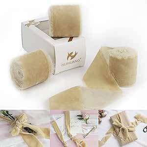 HUIHUANG 3 Rolls Frayed Silk Velvet Ribbon Tan Fringe Ribbon Raw Edge Rustic Wedding Ribbon for B... | Amazon (US)