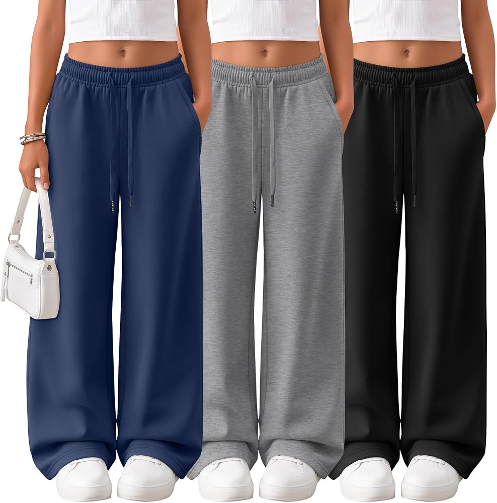 3Pcs Girls Wide Leg Sweatpants with Pockets Drawstring | Amazon (US)