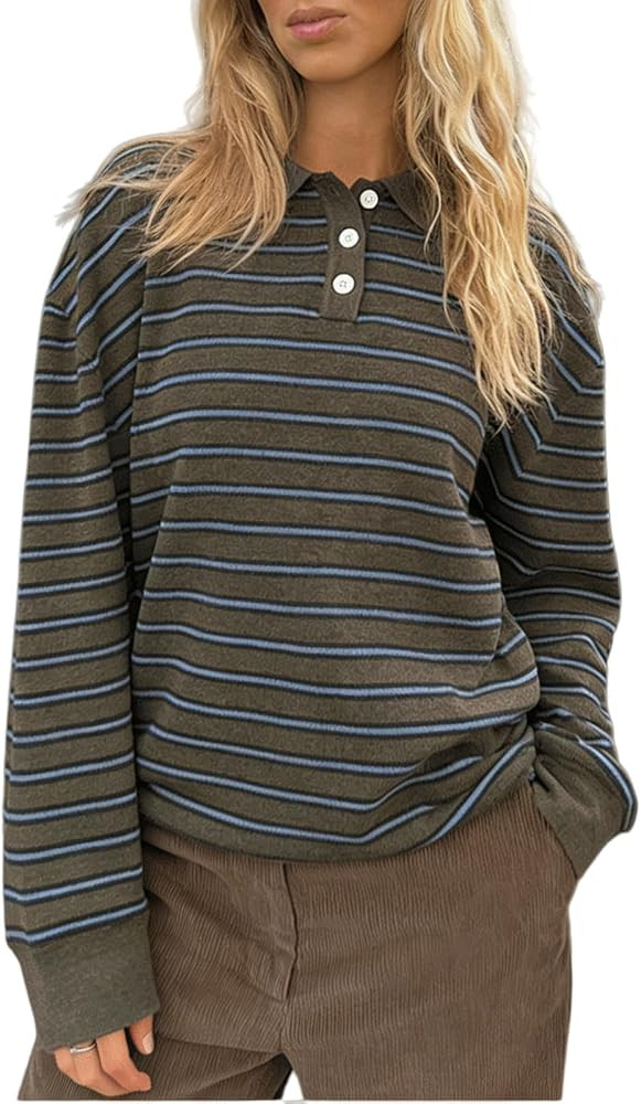 Oversized Striped Sweater for Women Collared Long Sleeve Preppy Polo Sweater Vintage Aesthetic Kn... | Amazon (US)