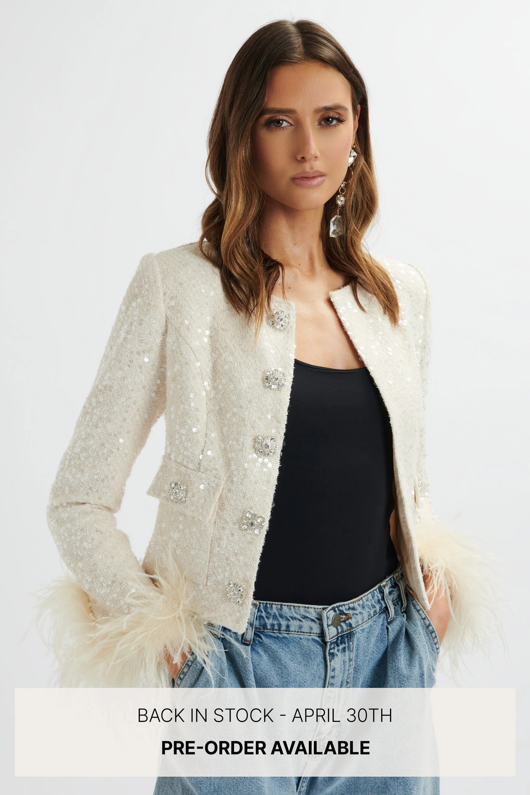 LARIA Sequin Boucle Cropped Jacket with Feather Cuffs In Beige | Lavish Alice Retail Ltd