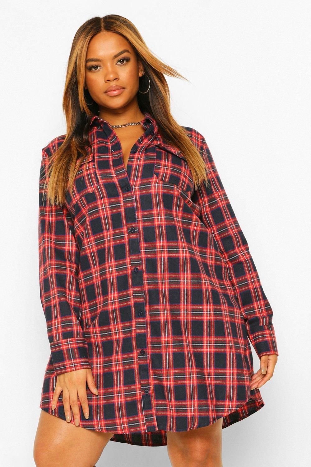 Womens Plus Boyfriend Flannel Shirt Dress - Navy - 22 | Boohoo.com (US & CA)