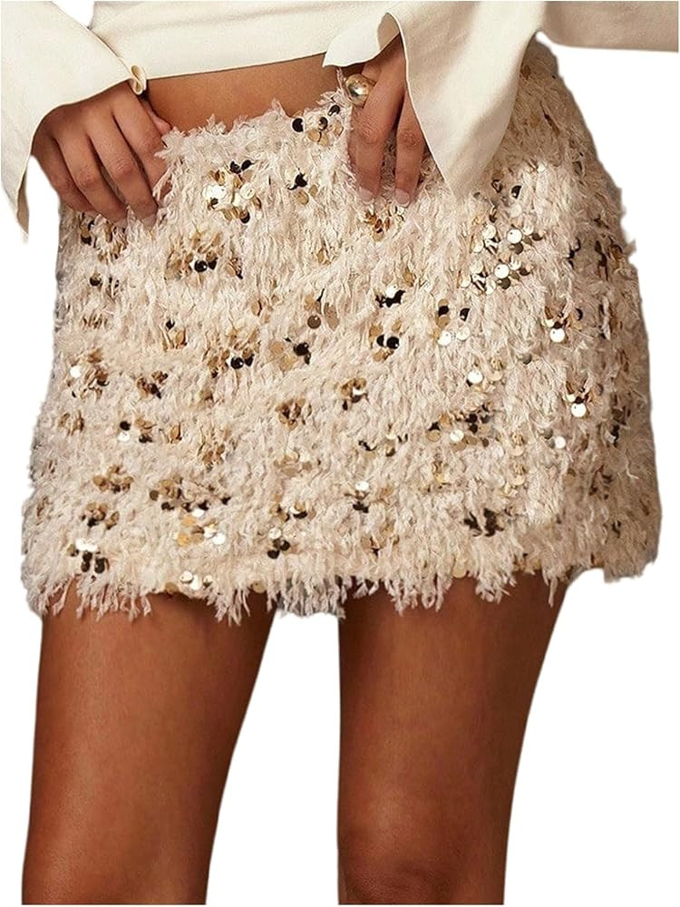 MakeMeChic Women's Shiny Sequin Mini Skirt Furry Faux Fur Bodycon Fall Party Skirts Clubwear | Amazon (US)