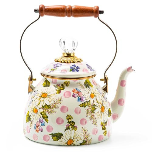 MACKENZIE-CHILDS Enamel Tea Kettle, Cute Kitchen Kettle for Stovetop, 2-Quart Capacity, Pink Wildflowers | Amazon (US)