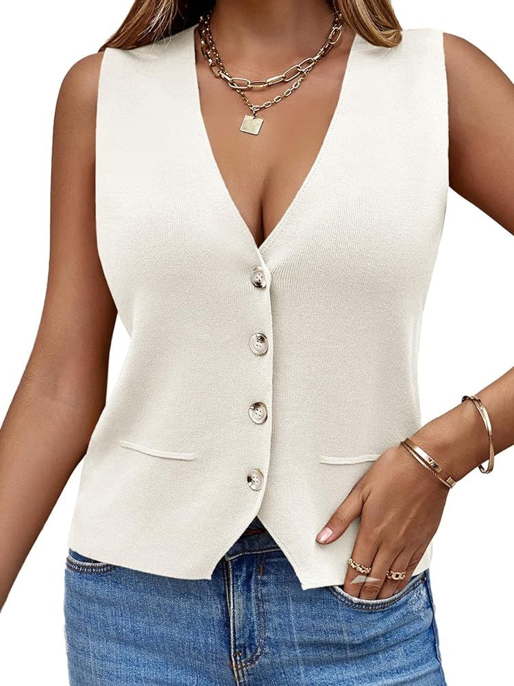 Saodimallsu Womens Sleeveless Sweater Vest Knit V Neck Button Fashion Casual Loose Spring Summer ... | Amazon (US)
