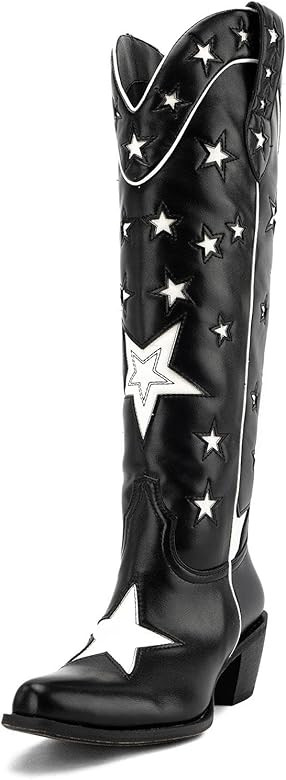KaroNairy Women Stars Western Boots Low Heel Cowgirl Boots Square Toe Cowboy Boots Pull On Knee H... | Amazon (US)