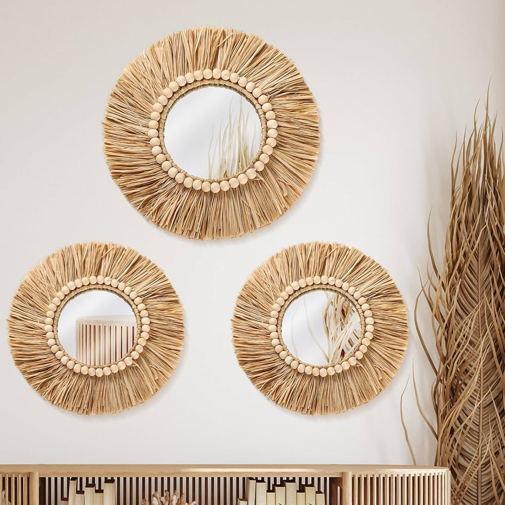 3 Pcs Boho Raffia Mirror Wall Hanging Decor 15.8 Inch 11.8 Inch Rustic Round Boho Circle Mirrors ... | Amazon (CA)