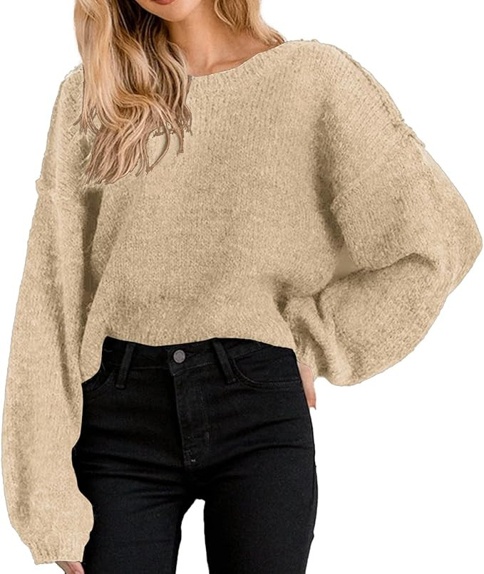 Jumppmile Women's Cropped Sweater Top Crewneck Long Sleeve Knit Fall Pullover Sweater | Amazon (US)