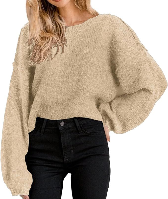Jumppmile Women's Cropped Sweater Top Crewneck Long Sleeve Knit Fall Pullover Sweater | Amazon (US)
