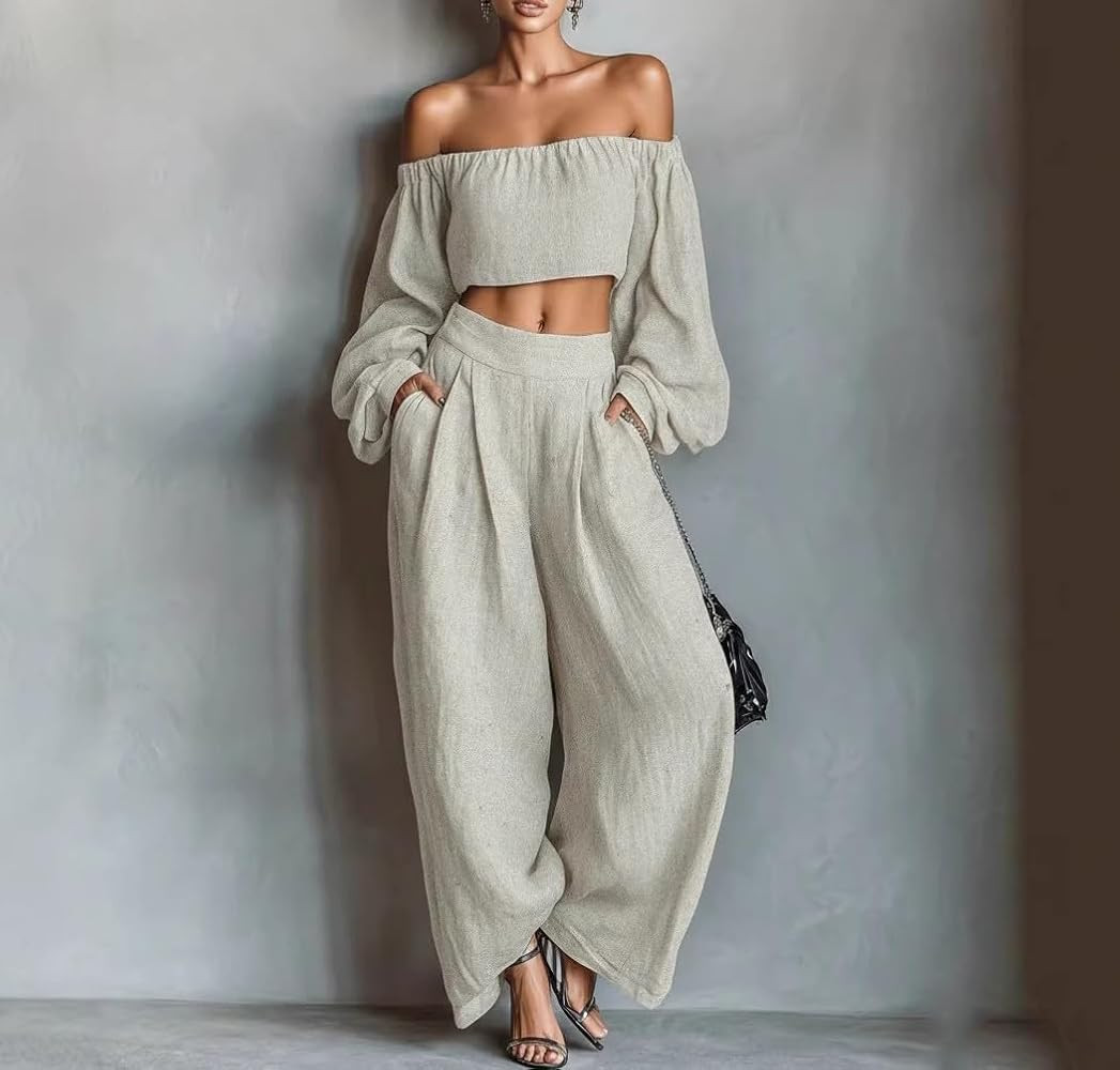 Apvirdy Women's Retro Solid Textured 2 Piece Set Off Shoulder Long Sleeve Crop Top Wide Leg Pants... | Amazon (US)