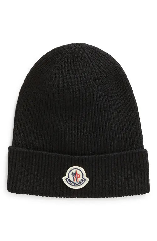Moncler Logo Patch Virgin Wool Knit Beanie in Black at Nordstrom | Nordstrom