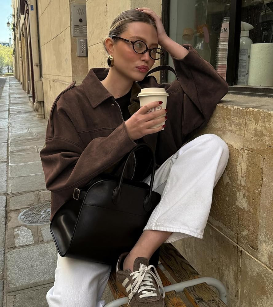 Womens Faux Suede Bomber Jacket Casual Lapel Pilot Cropped Coat Oversized Motorcycle Jackets 2025... | Amazon (US)