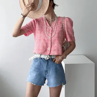 Puff-Shoulder Crop Tweed Jacket | YesStyle Global