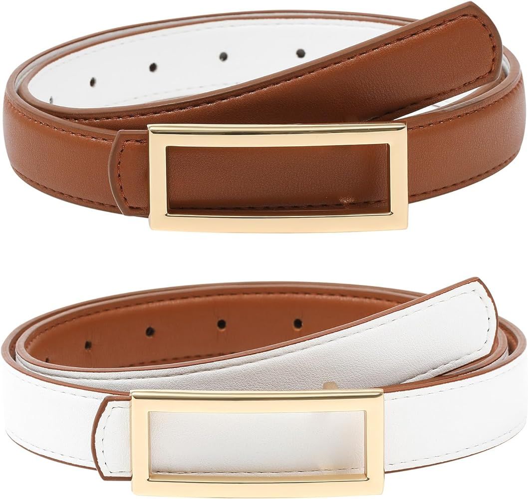 AWAYTR Women Reversible Leather Belt - Two-in-One Women Fashion Skinny Belt for Jeans with Golden... | Amazon (US)