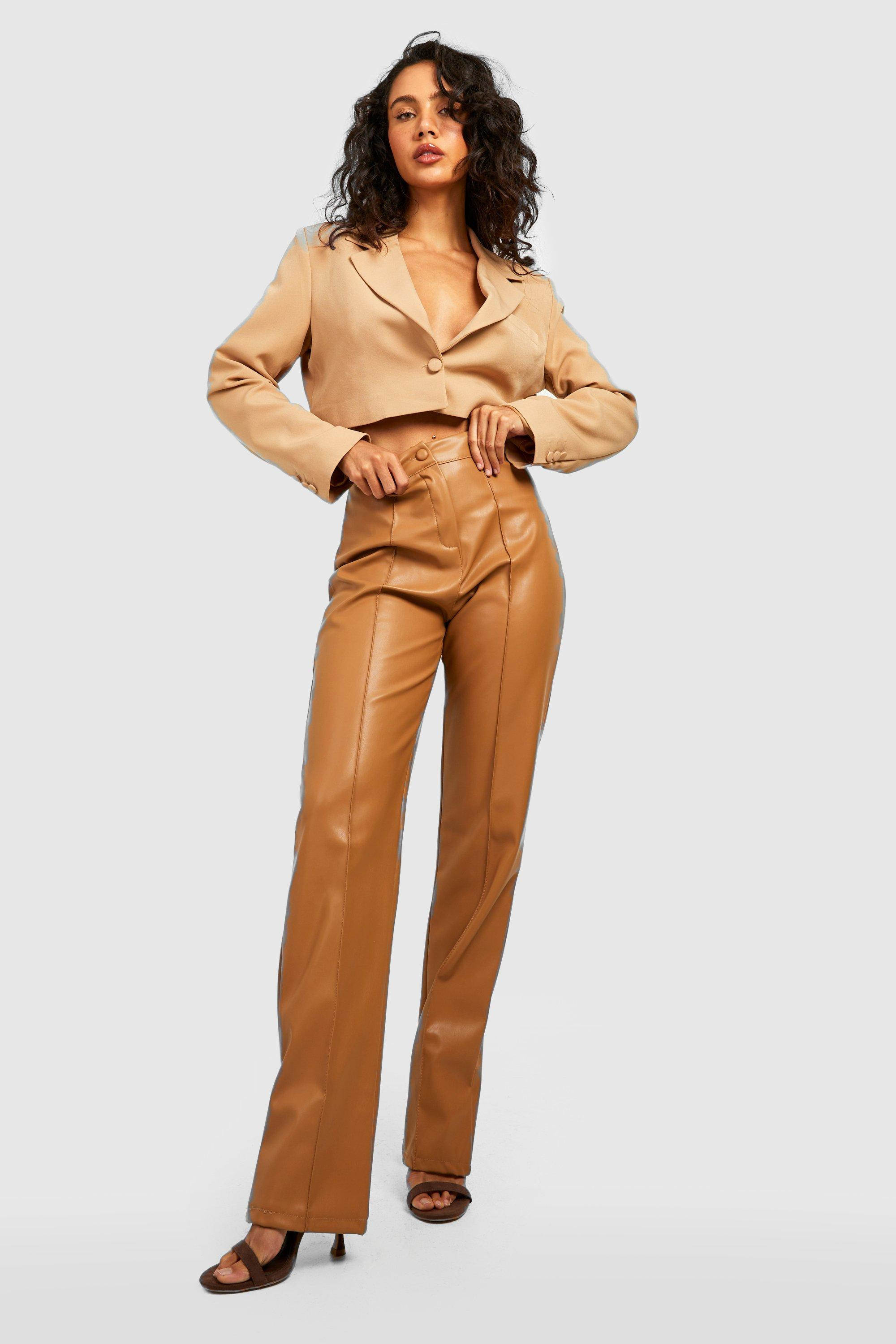 Womens Leather Look Seam Front Tailored Pants - Beige - 14 | Boohoo.com (US & CA)