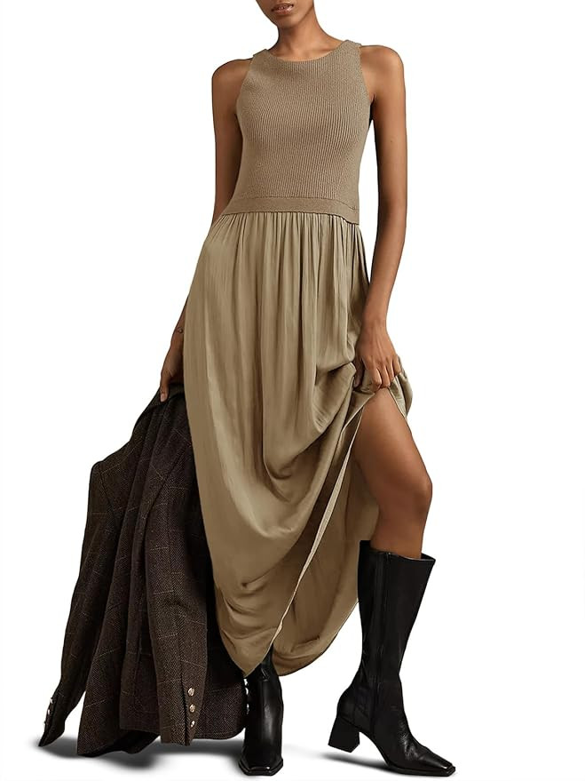 Wenrine Womens Summer Sleeveless Maxi Dress Casual Patchwork Crewneck Ribbed Knit Pleated Long Ta... | Amazon (US)