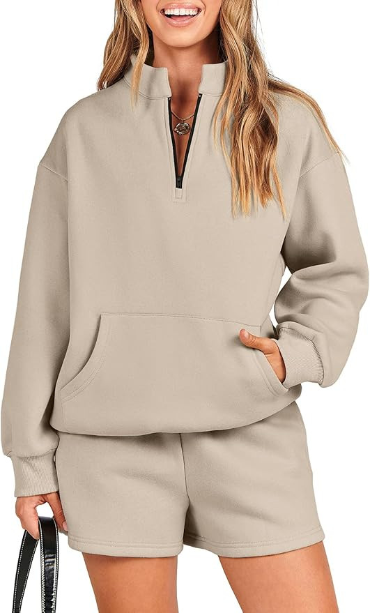 ANRABESS Women 2 Piece Outfits Sweatsuit Oversized Half Zip Collared Sweatshirt & Short Set Loung... | Amazon (US)