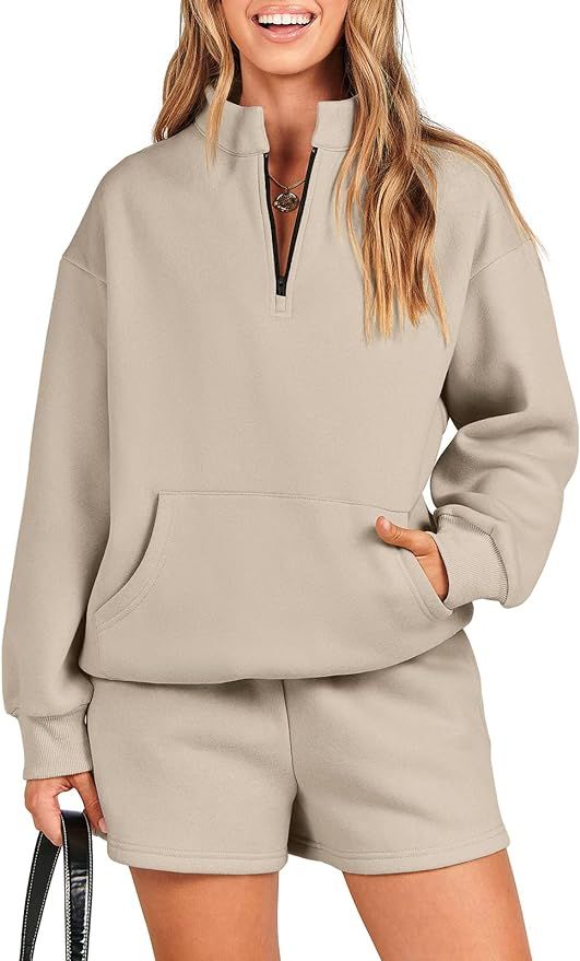ANRABESS Women 2 Piece Outfits Sweatsuit Oversized Half Zip Collared Sweatshirt & Short Set Loung... | Amazon (US)