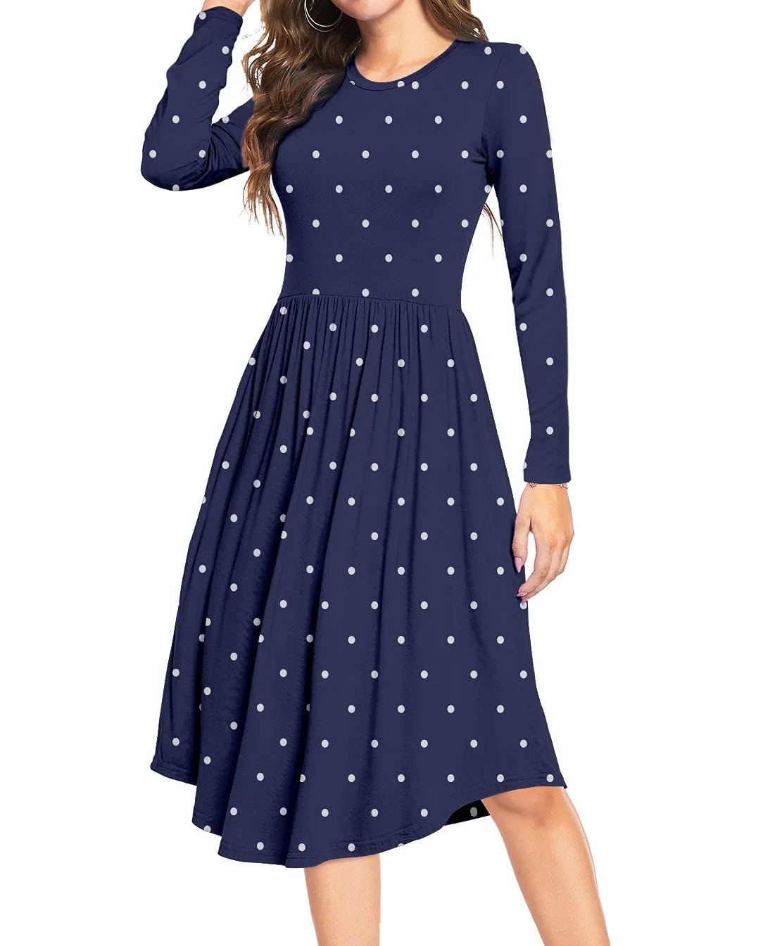 MLANM Women Long Sleeve Polka Dot Casual Modest Work Midi Knee Length Dress with Pocket, XL Dot N... | Walmart (US)