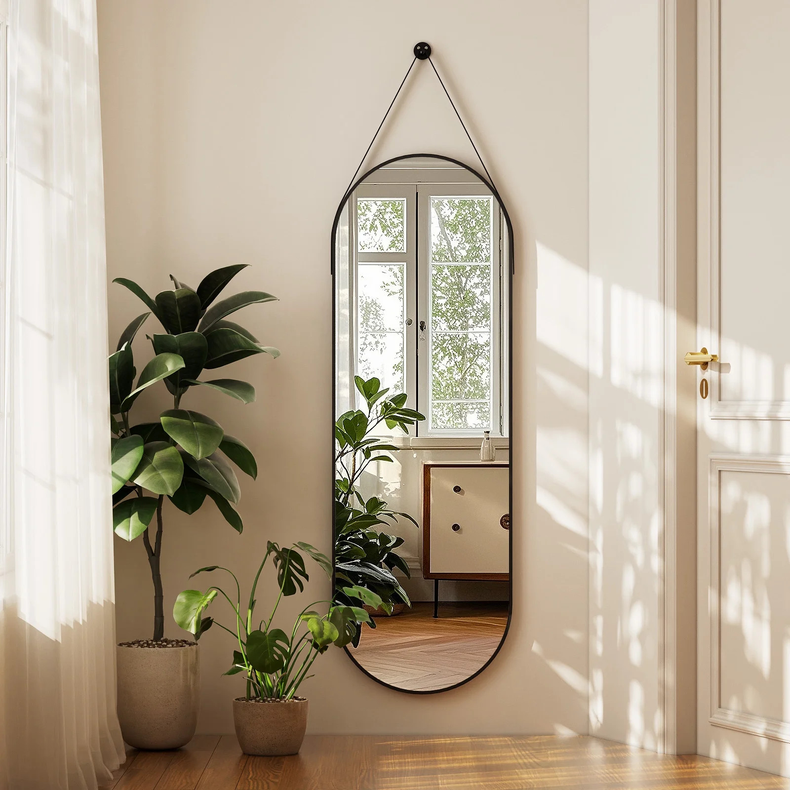 BEAUTYPEAK 48" x 16" Full Length Mirror Oval Hanging Wall Mirror with Leather Strap,Black - Walma... | Walmart (US)