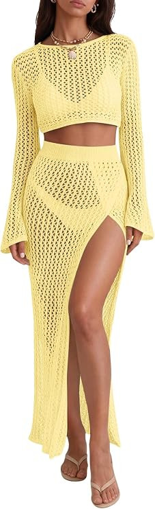 Saodimallsu Womens Crochet Beach Cover Ups Set 2 Piece 2026 Boat Neck Crop Long Sleeve Tops High ... | Amazon (US)