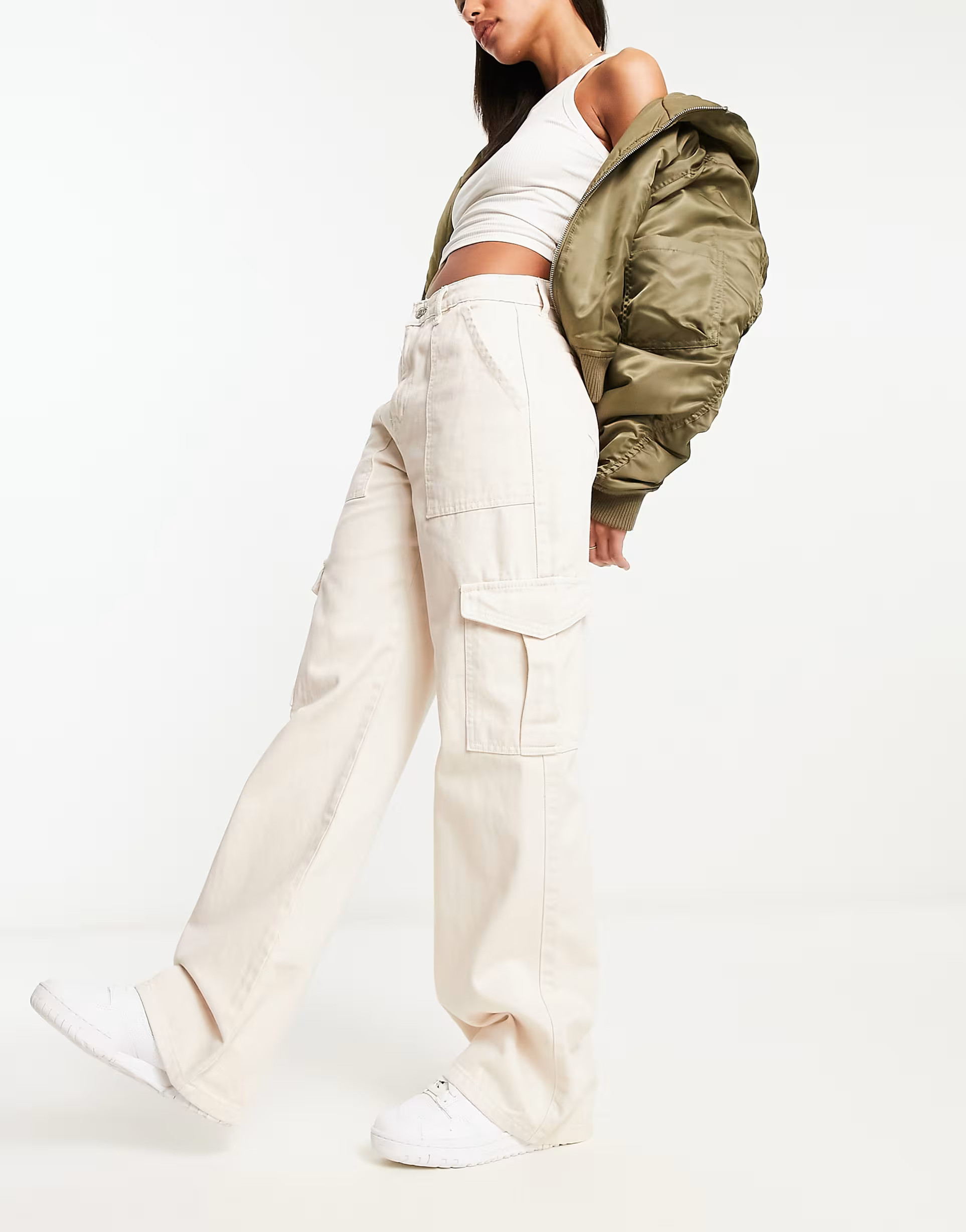 DTT Molly high waist wide leg cargo jeans in ecru | ASOS (Global)