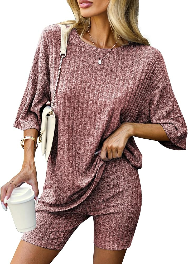 Ekouaer Pajamas 2 Piece Lounge Sets Ribbed Knit Matching Outfits T-shirt Biker Shorts Sleepwear L... | Amazon (US)