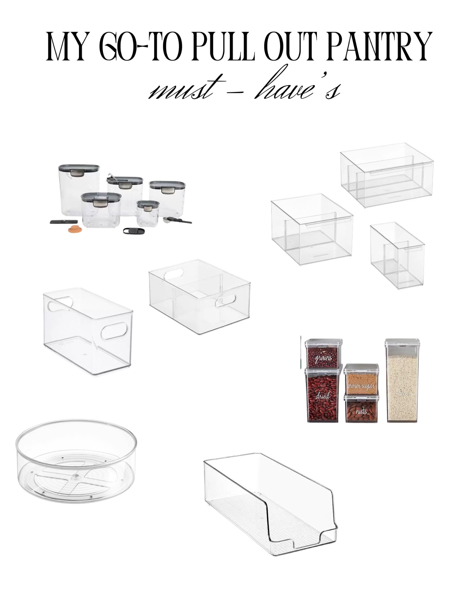 Have a pantry that only has pull out drawers? No problem! Make sure to measure drawers and use containers that can hold all the things. Rounds for the bottom drawers with higher sides to hold up the taller bottles. Make sure everything has a container, a space and a label! Back stock in the bottom in a basket is my go to always!