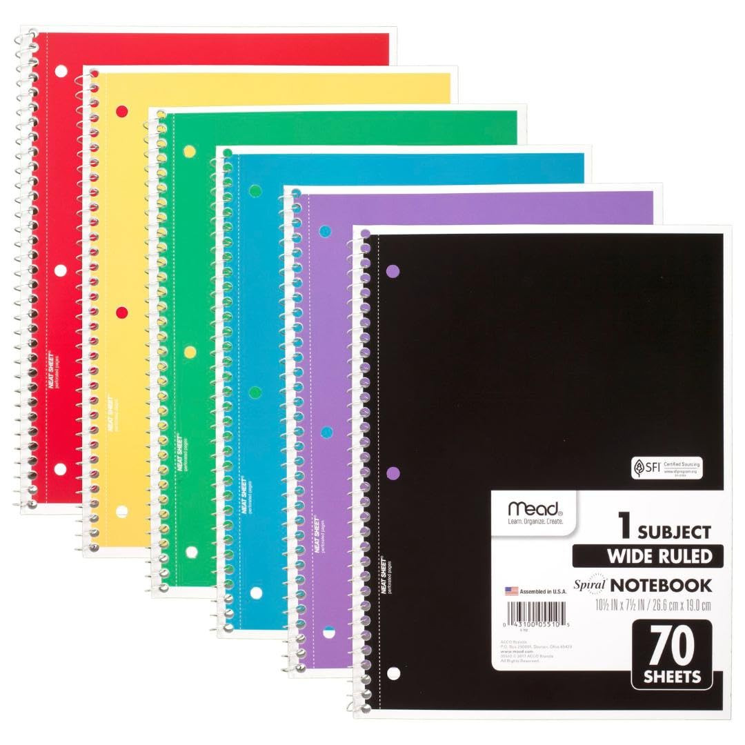 Mead Spiral Notebook, 6 Pack, 1 Subject, Wide Ruled Paper, 7-1/2" x 10-1/2", 70 Sheets per Notebo... | Amazon (US)