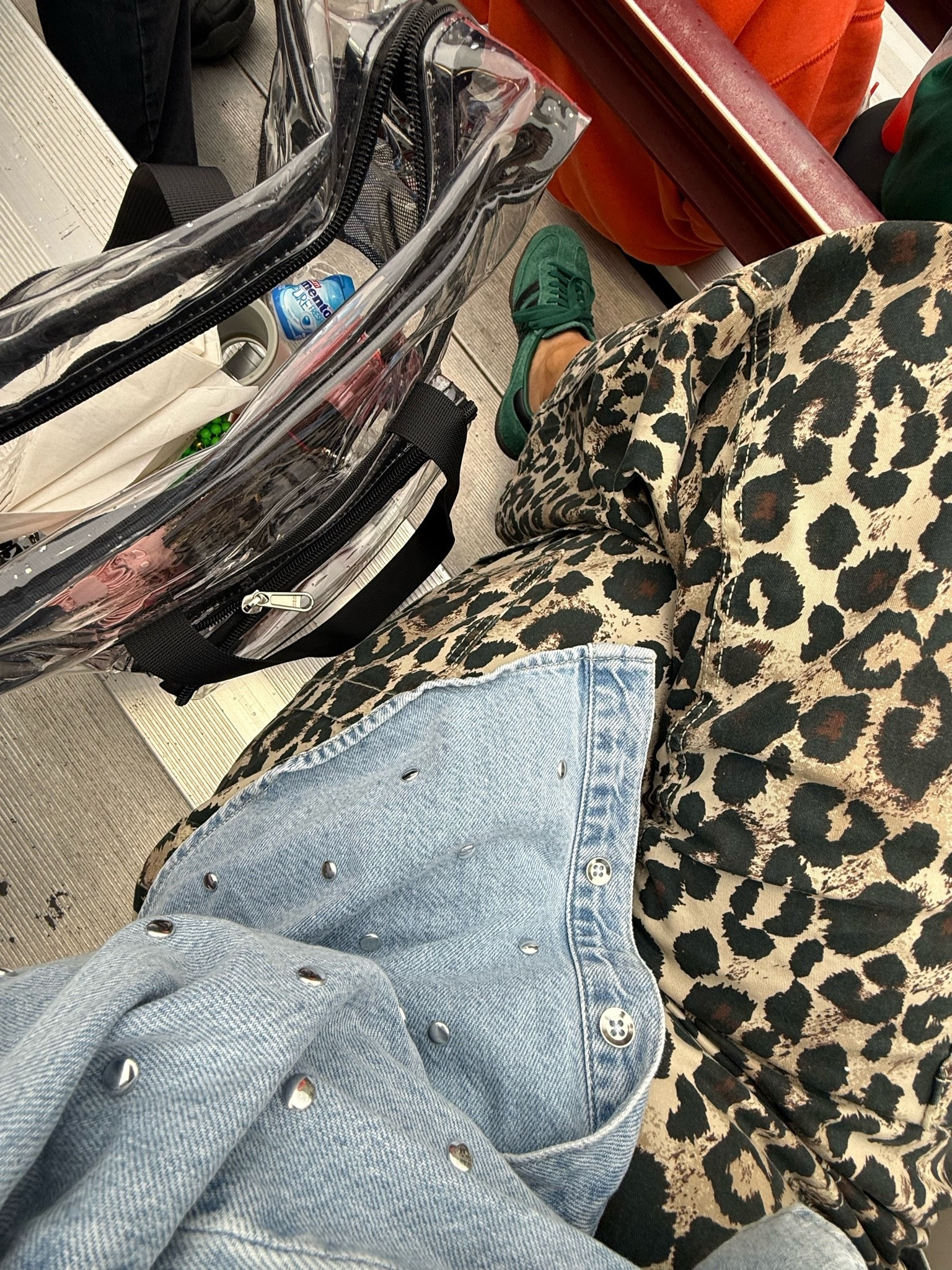 Band Mom uniform! 💚🖤🐆Wearing our competition T-shirt, cheetah cargo pants — size small green and black sambas, and studded denim shirt (sized up for an oversized fit)!

Band competition, Mom style, Mom outfit idea, casual outfit idea, fall style, Walmart, Walmart fashion ￼