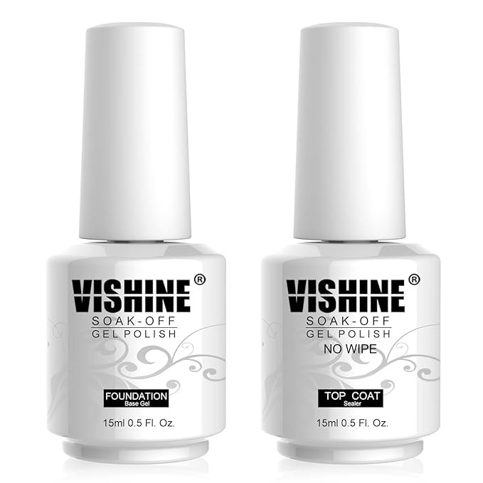 Vishine 15ml No Wipe Top Coat Base Coat Soak off UV LED Drying Long Lasting Shiny Nail Varnish Se... | Amazon (US)