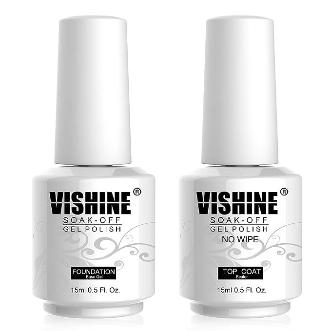 Vishine 15ml No Wipe Top Coat Base Coat Soak off UV LED Drying Long Lasting Shiny Nail Varnish Se... | Amazon (US)