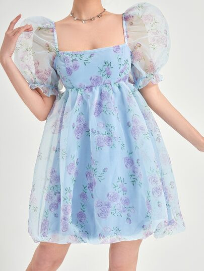 SHEIN Floral Print Square Neck Puff Sleeve Organza Dress | SHEIN