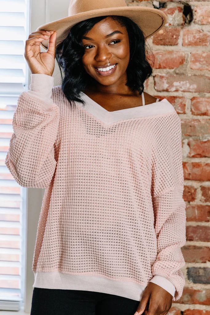 Give Me Joy Powder Pink Waffle Sweater | The Mint Julep Boutique