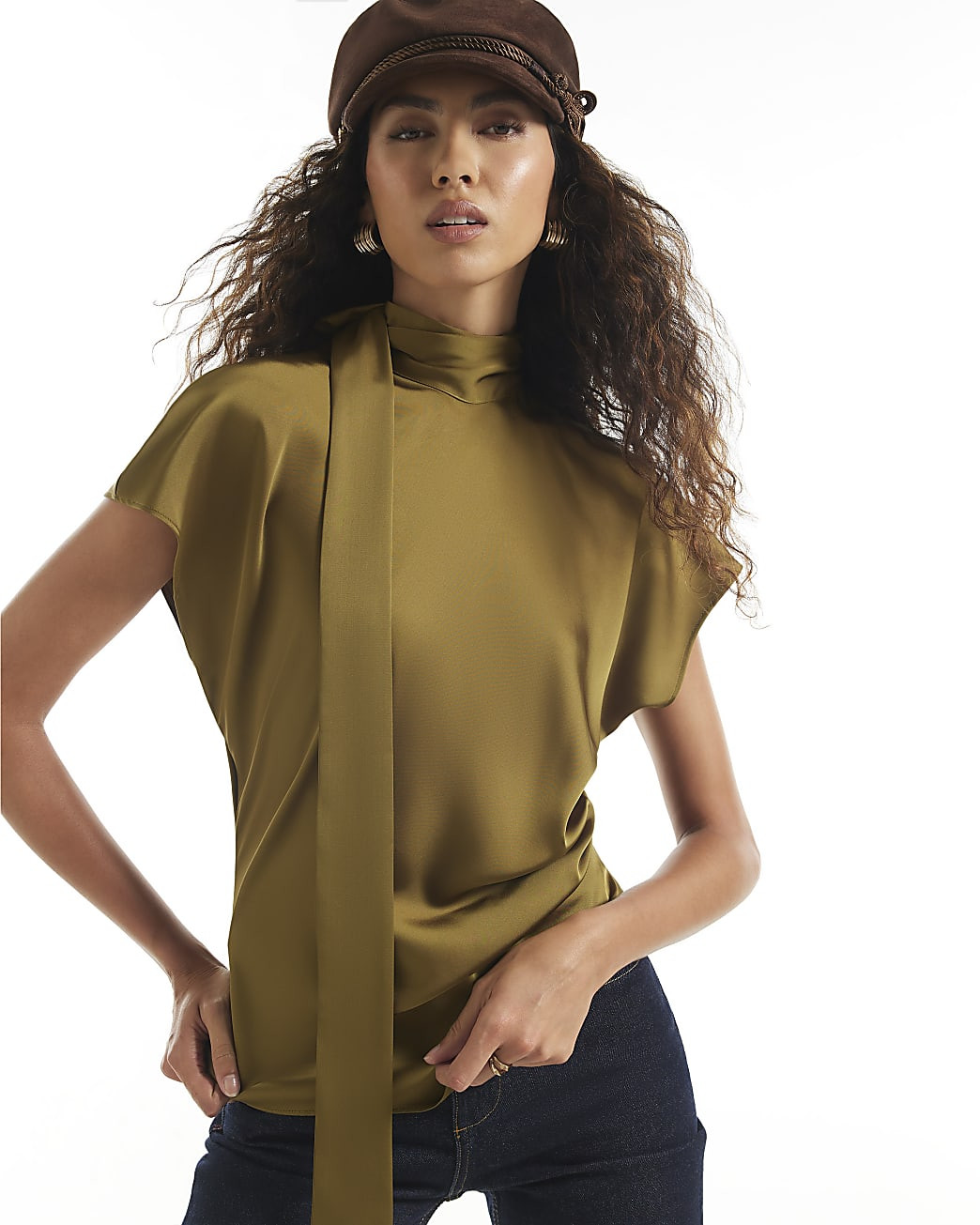 Khaki Satin Tie Neck Sleeveless Blouse | River Island UK & IE