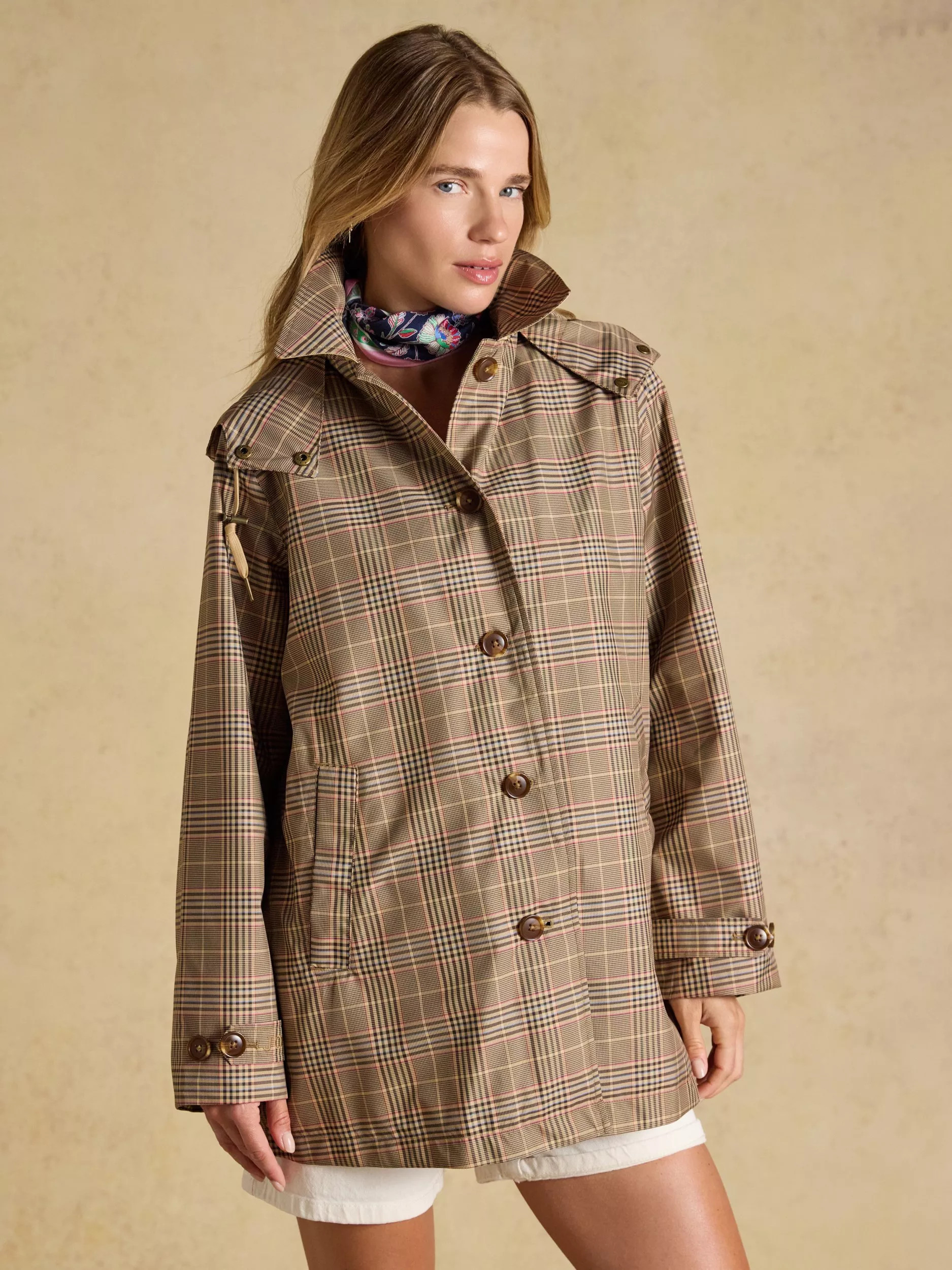 Joules Rainmore Check Waterproof Button Through Raincoat, Brown | John Lewis (UK)
