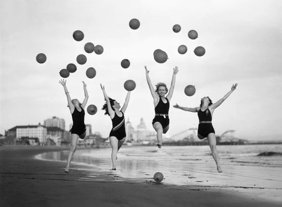Vintage photo women girls on beach jumping balloons wall art black and white photography print po... | Etsy (US)