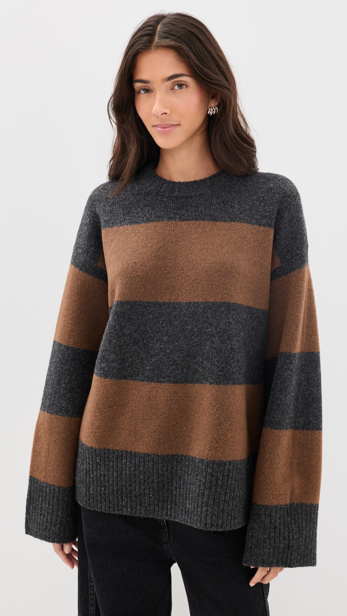 Good American The Oversized Crew Sweater Charcoal Brown Stripe XS | Shopbop