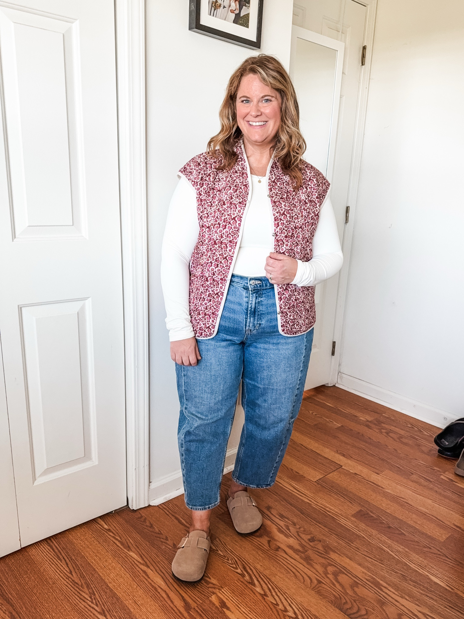 Fall outfit idea - my quilted vest is almost sold out.  Wearing an XL in my long sleeve top and a 14 petite in my barrel jeans 

#LTKSeasonal #LTKMidsize #LTKFindsUnder50